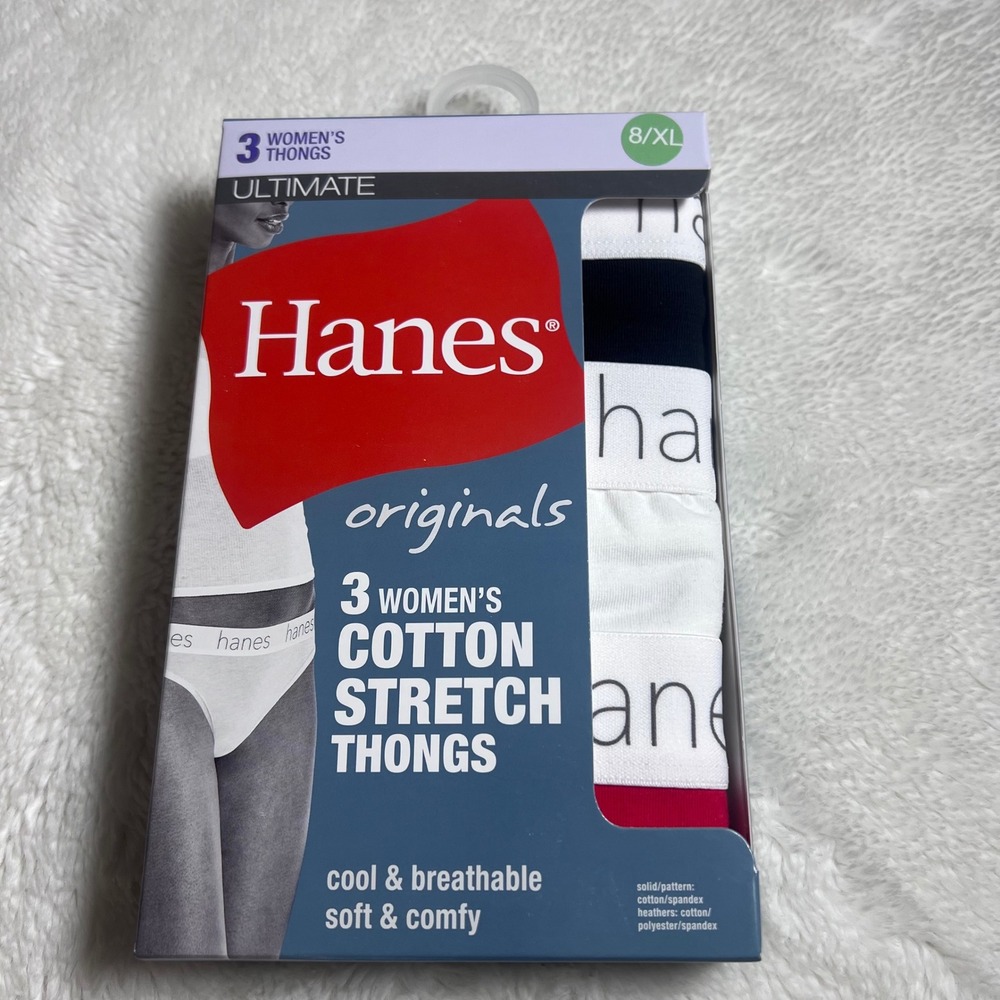 Hanes Originals Ultimate Women Cotton Stretch Thongs 3 Pack Multi Color 8 XL NEW